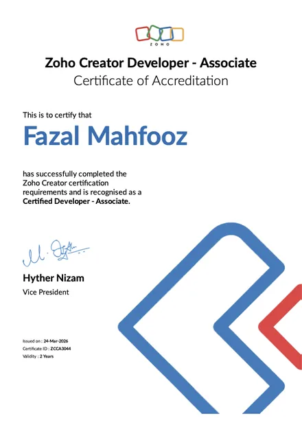 Zoho Creator Associate certificate, Fazal Mahfooz