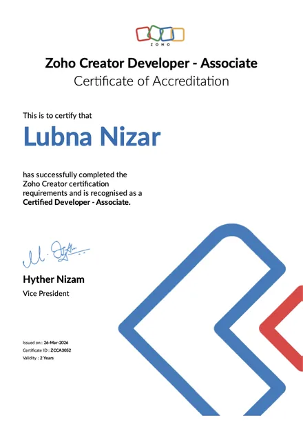 Zoho Creator Associate certificate, Lubna Nizar