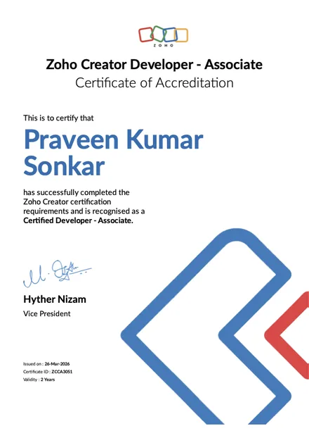 Zoho Creator Associate certificate, Praveen Sonkar