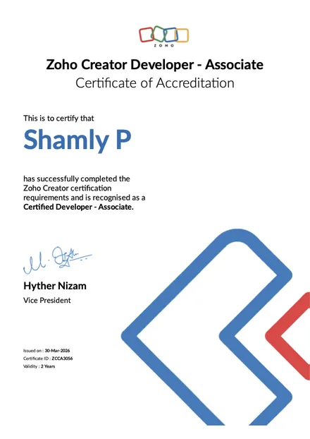 Zoho Creator Associate certificate, Shamly P
