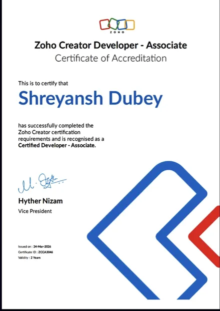 Zoho Creator Associate certificate, Shreyansh Dubey