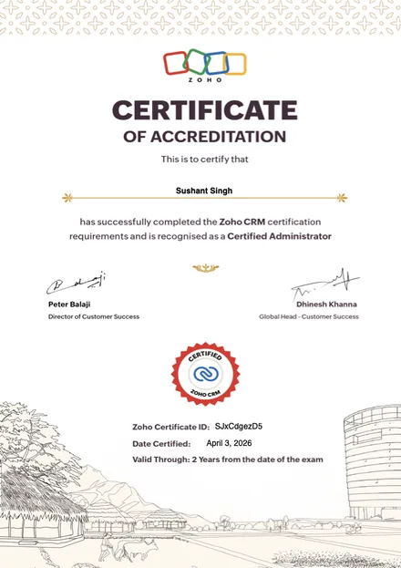 Zoho CRM Administrator certificate, Sushant Singh